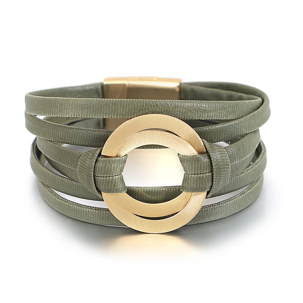 ALLYES Boho Genuine Leather Bracelets for Women Men Fashion Round Hollow Circles Charm Wrap Bracelet Bangle Female Jewelry Gifts