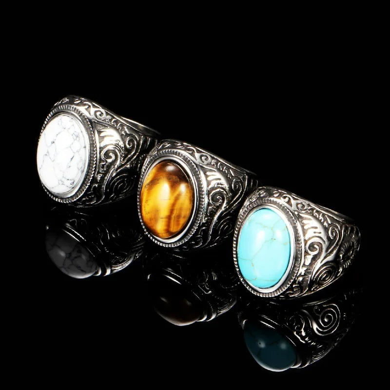HNSP 316L Edelstahl Boho Naturstein Ring Für Männer Frauen Vintage-Schmuck Tigeraugen Ringe Finger Zubehör