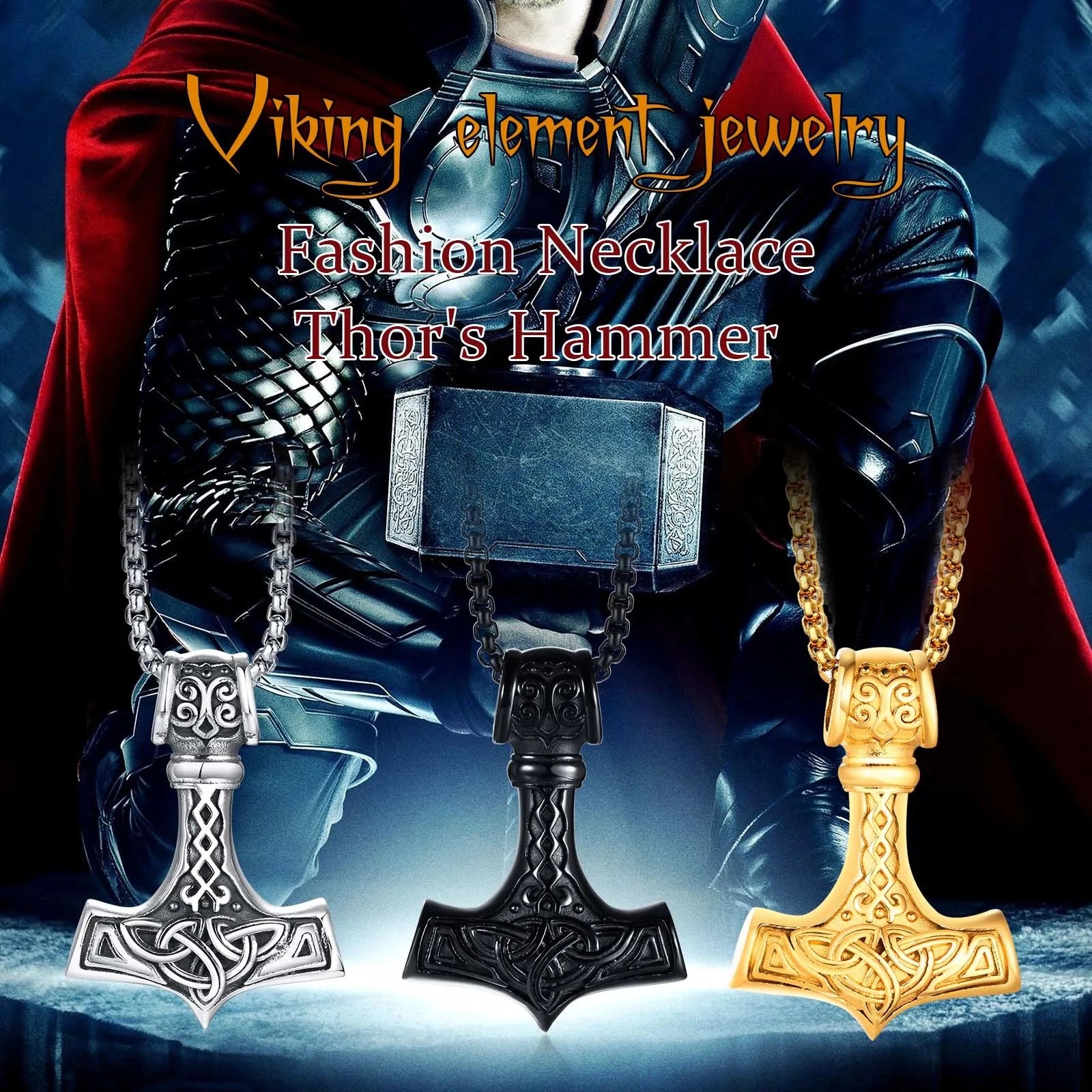 Vnox Vintage Herren nordische Wikinger-Halsketten, Rock Punk Retro Thor Mjolnir Hammer Anhänger, skandinavisches nordisches Amulett Runen-Halsschmuck