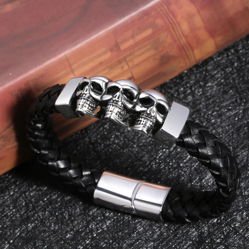Übertreibung Männer Schmuck Schwarz Geflochtene Leder Armbänder Edelstahl Leder Armbänder Coole Schädel Armbänder Männer Armband