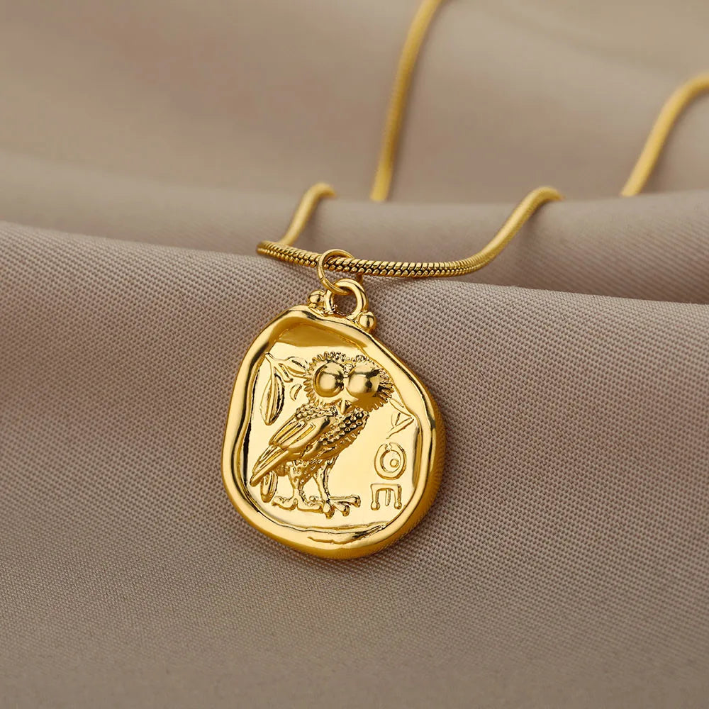 Vintage Eule Münze Halsketten für Frauen Männer Eule Anhänger Halskette Kragen Böhmen geschnitzt Freiheit Brief Schmuck Geschenk Bijoux Femme