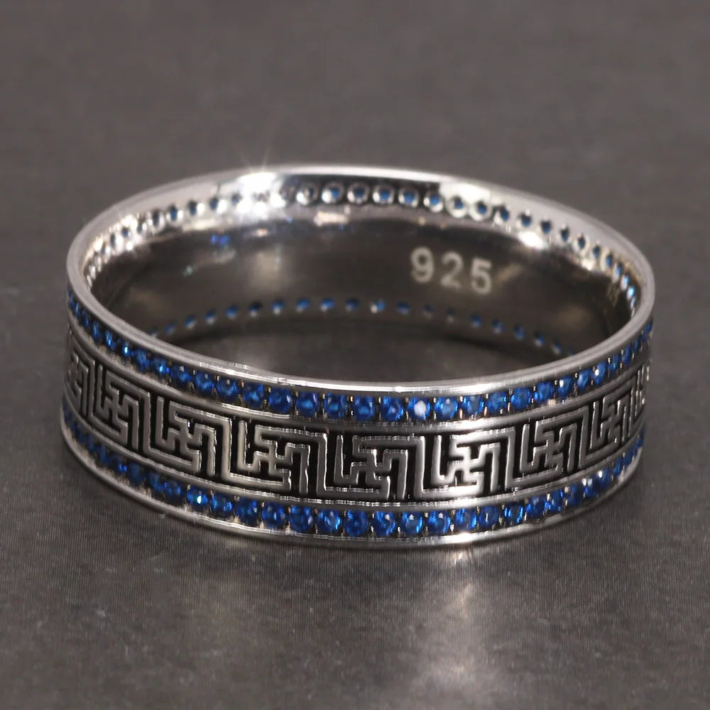 Türkische Ringe aus echtem Sterlingsilber 925, für Männer und Frauen mit blauem, rundem Zirkon, Retro-Punk-Ringe, modischer Silberschmuck