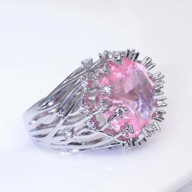 Neuer Ring aus 925er-Sterlingsilber mit eingelegtem rosa Kristallzirkon, übertriebener Ring für Frau, Hochzeit, Schmuck, Geschenk