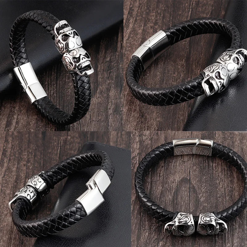 Übertreibung Männer Schmuck Schwarz Geflochtene Leder Armbänder Edelstahl Leder Armbänder Coole Schädel Armbänder Männer Armband