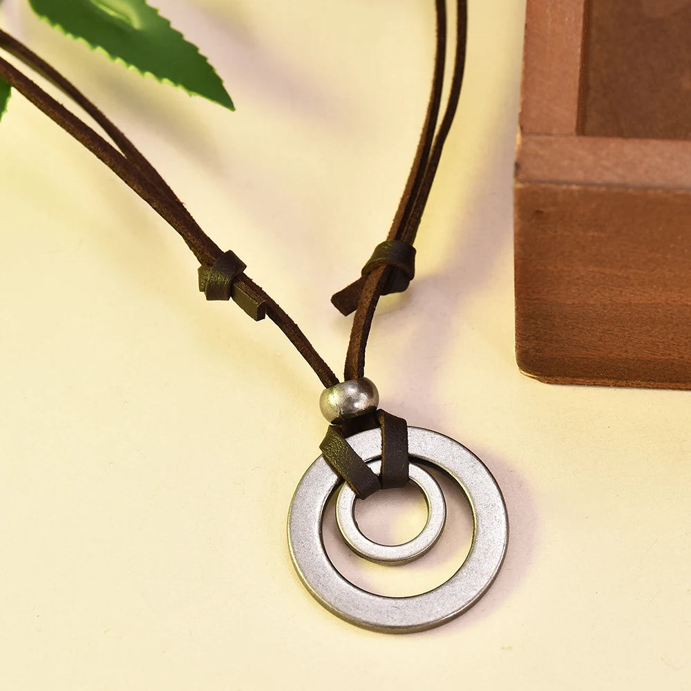 Vintage Retro 1Pc Lederband Halsketten Doppel Kreis Anhänger Halskette Für Frauen Männer Mode Schmuck Geschenke