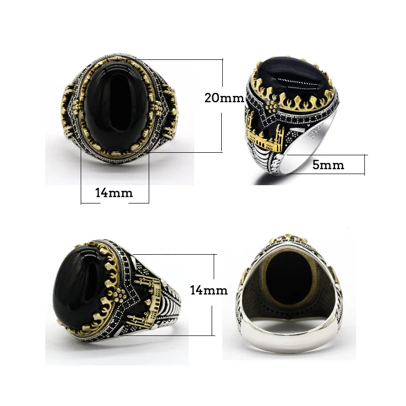 Schwarz Natürliche Achat Stein Ring 925 Silber herren Ring Schloss Türkische Konstantinopel Auspicious Vintage Signet Ring Track Hochzeit