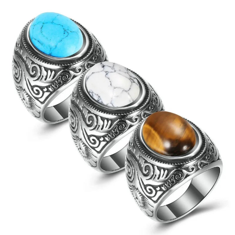 HNSP 316L Edelstahl Boho Naturstein Ring Für Männer Frauen Vintage-Schmuck Tigeraugen Ringe Finger Zubehör