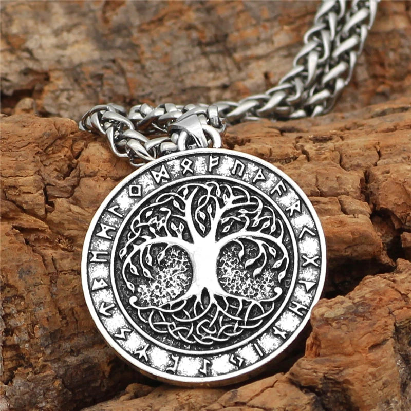 Nordic Vintage Baum des Lebens Runde Anhänger Viking Rune Halskette Antike Bronze Silber Farbe Männer Frauen Schmuck Geschenke Dropshipping