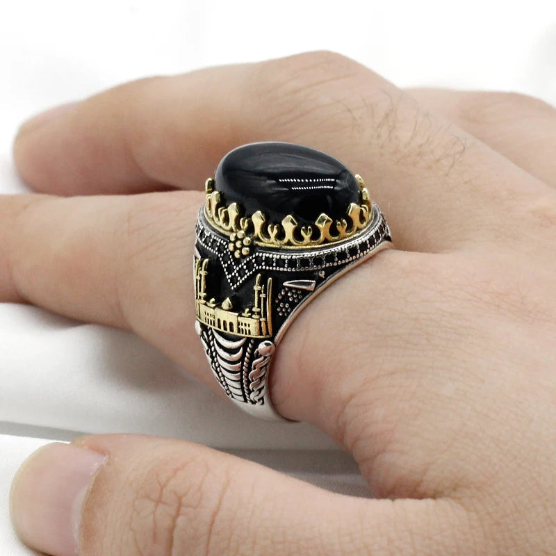 Schwarz Natürliche Achat Stein Ring 925 Silber herren Ring Schloss Türkische Konstantinopel Auspicious Vintage Signet Ring Track Hochzeit