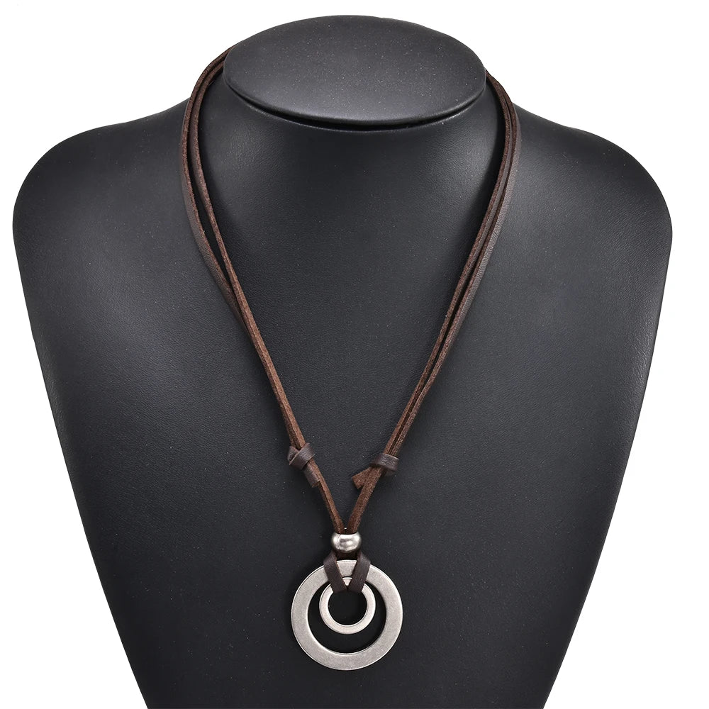 Vintage Retro 1Pc Lederband Halsketten Doppel Kreis Anhänger Halskette Für Frauen Männer Mode Schmuck Geschenke
