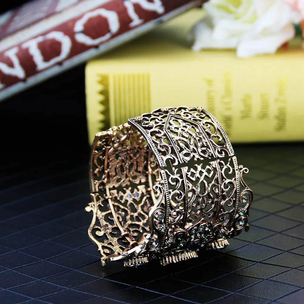 Sunspicems Vintage Türkei Armreif Große Frauen Manschette Armband Retro Gold Farbe Grau Kristall Böhmen Hochzeit Schmuck Geschenk