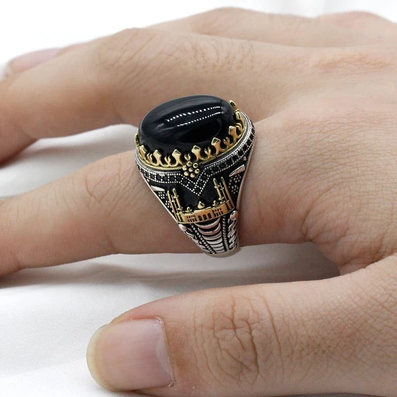Schwarz Natürliche Achat Stein Ring 925 Silber herren Ring Schloss Türkische Konstantinopel Auspicious Vintage Signet Ring Track Hochzeit
