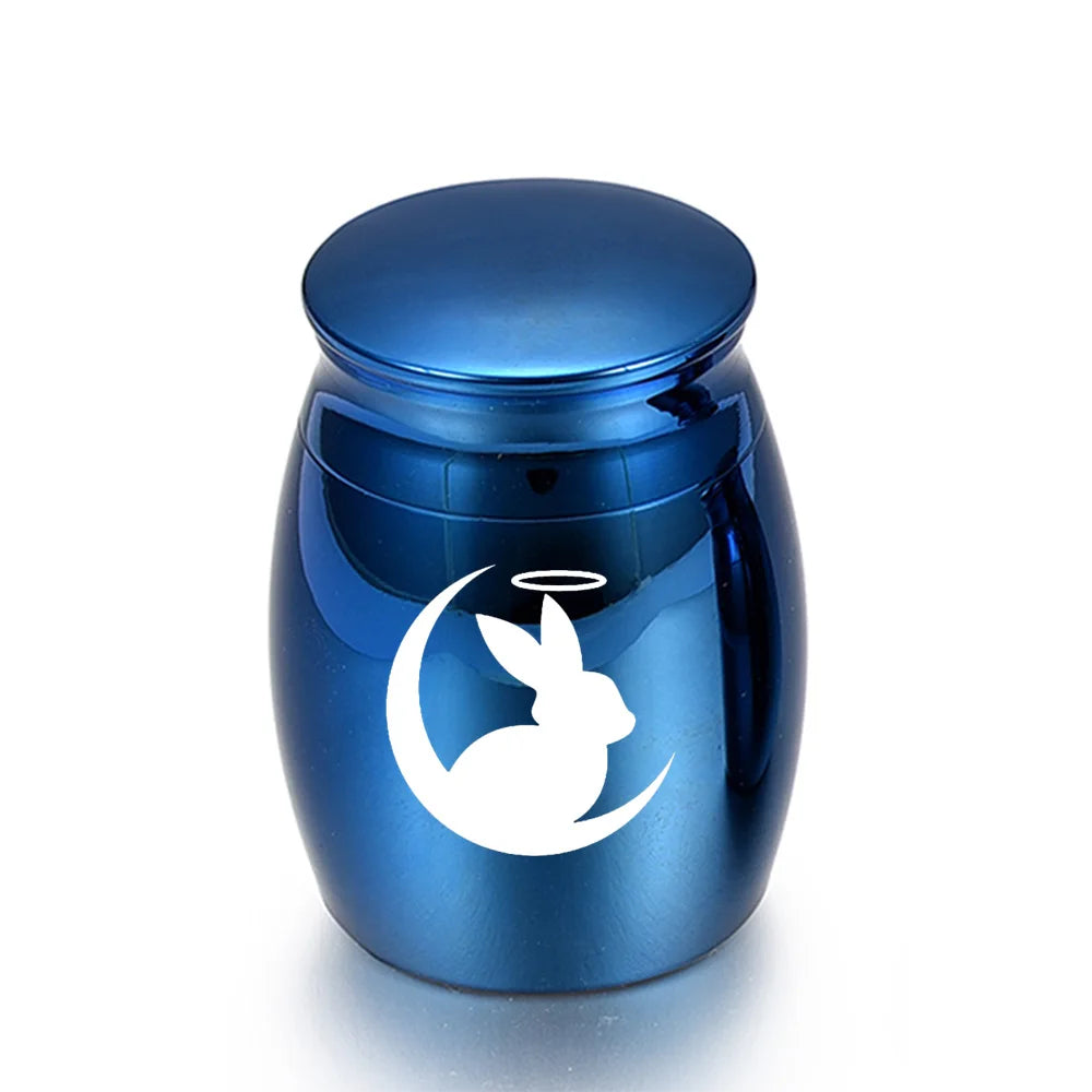 Niedlichen Kaninchen und Mond Feuerbestattung Andenken Urnen für Menschlichen Asche von Pet Mini Kleine Beerdigung Sarg Titan Edelstahl Engel Memorial jar