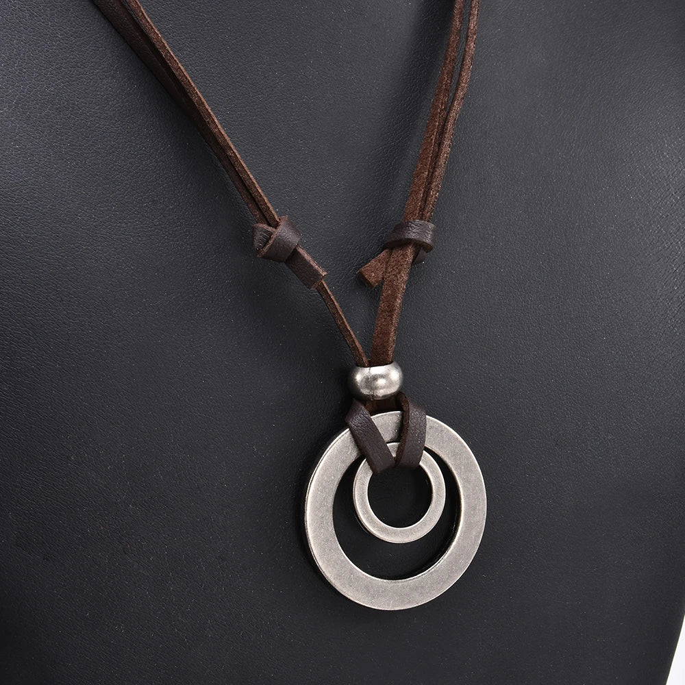 Vintage Retro 1Pc Lederband Halsketten Doppel Kreis Anhänger Halskette Für Frauen Männer Mode Schmuck Geschenke