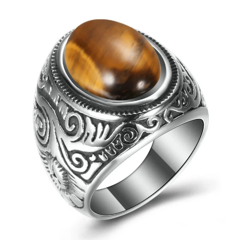 HNSP 316L Edelstahl Boho Naturstein Ring Für Männer Frauen Vintage-Schmuck Tigeraugen Ringe Finger Zubehör