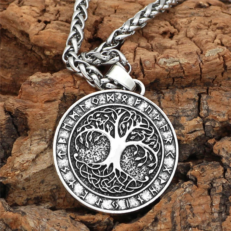 Nordic Vintage Baum des Lebens Runde Anhänger Viking Rune Halskette Antike Bronze Silber Farbe Männer Frauen Schmuck Geschenke Dropshipping