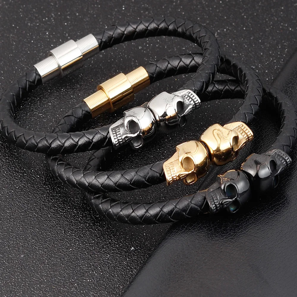 Übertreibung Männer Schmuck Schwarz Geflochtene Leder Armbänder Edelstahl Leder Armbänder Coole Schädel Armbänder Männer Armband