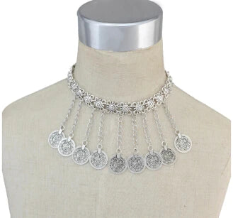 Afghanische Vintage Silber Farbe Legierung Halsketten Perlen Geometrische Form Münze Quaste Anhänger Klobige Halsketten für Boho Gypsy Türkisch