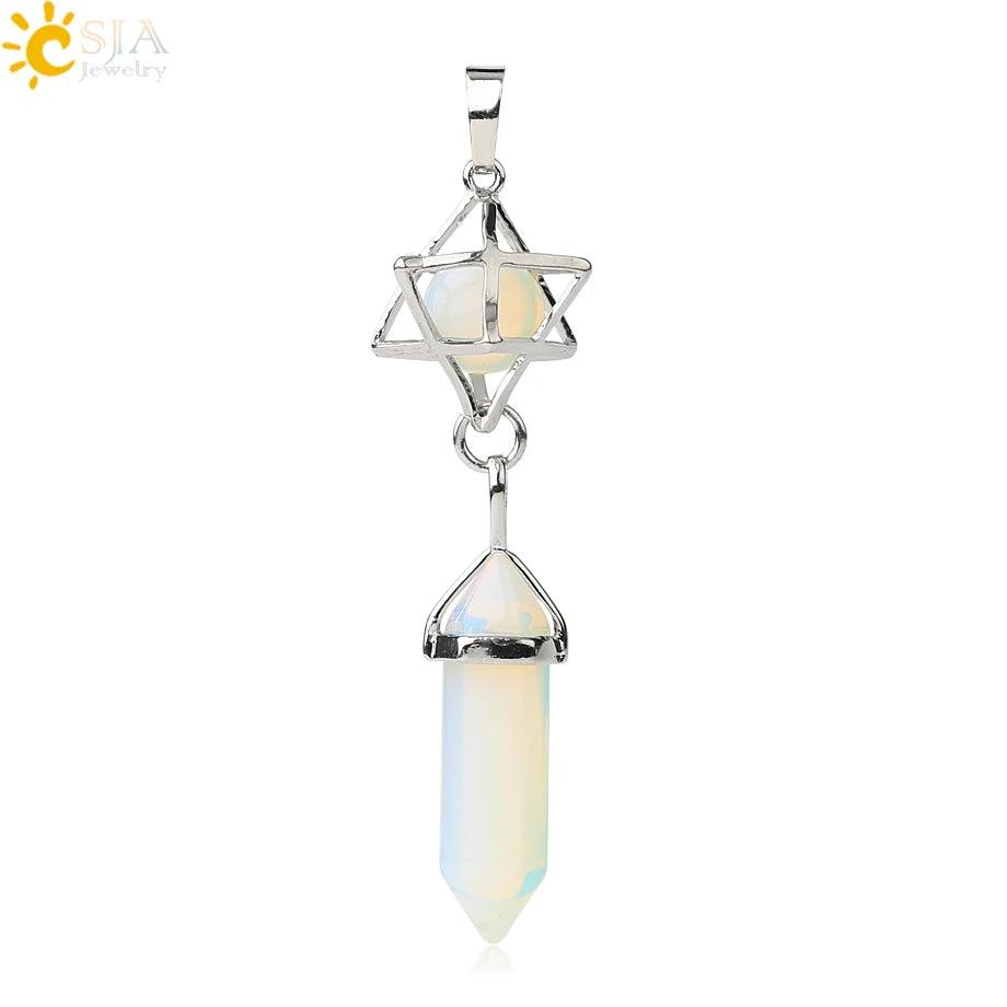 CSJA Reiki Naturstein-Anhänger Merkaba Medaillon Pendel Sechseckiges Kristallprisma Lange Anhänger für Halsketten Damenschmuck G512