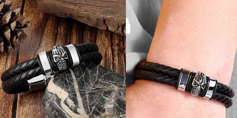 Übertreibung Männer Schmuck Schwarz Geflochtene Leder Armbänder Edelstahl Leder Armbänder Coole Schädel Armbänder Männer Armband