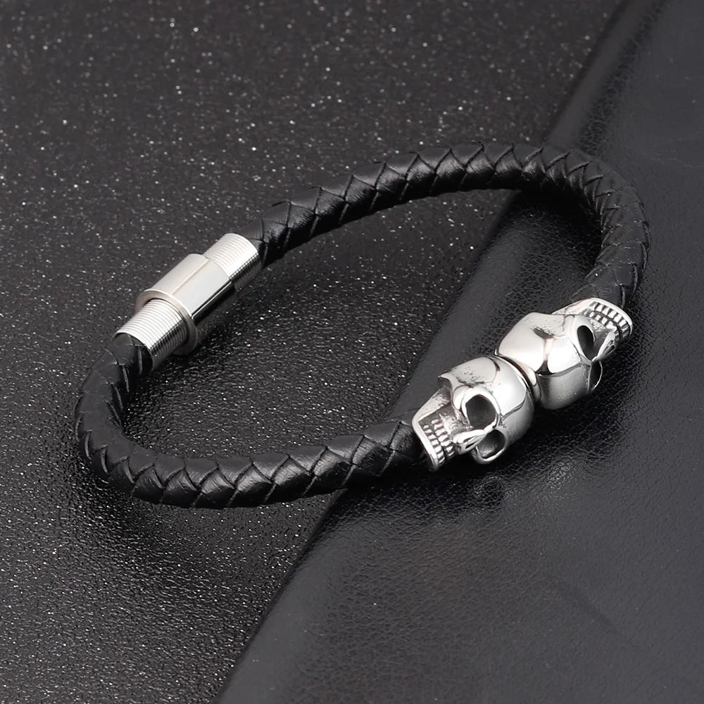 Übertreibung Männer Schmuck Schwarz Geflochtene Leder Armbänder Edelstahl Leder Armbänder Coole Schädel Armbänder Männer Armband