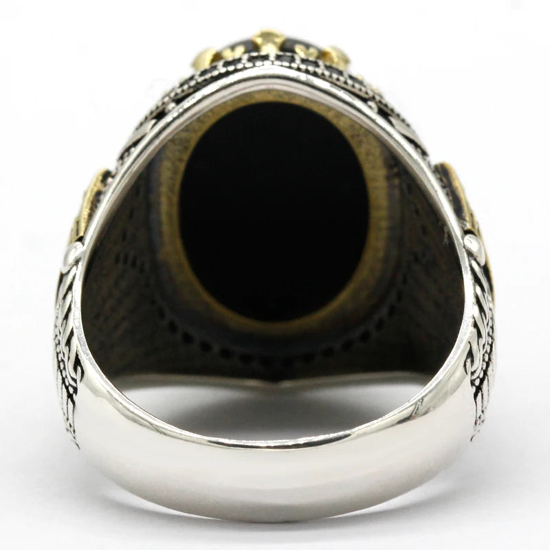 Schwarz Natürliche Achat Stein Ring 925 Silber herren Ring Schloss Türkische Konstantinopel Auspicious Vintage Signet Ring Track Hochzeit