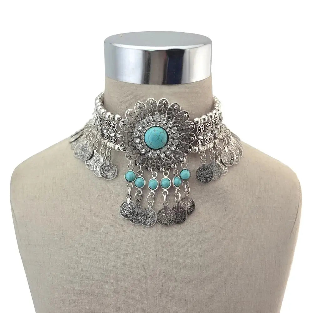 Afghanische Vintage Silber Farbe Legierung Halsketten Perlen Geometrische Form Münze Quaste Anhänger Klobige Halsketten für Boho Gypsy Türkisch