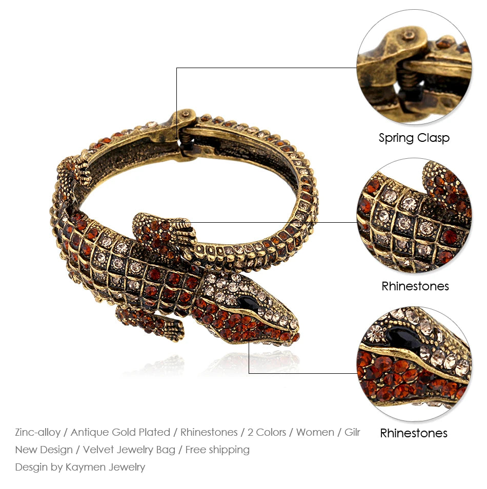 Neue Mode Tier Stil Vintage Krokodil Armreif Antike Goldene Überzogene Volle Strass Manschette Armreif Schmuck 4 Farben