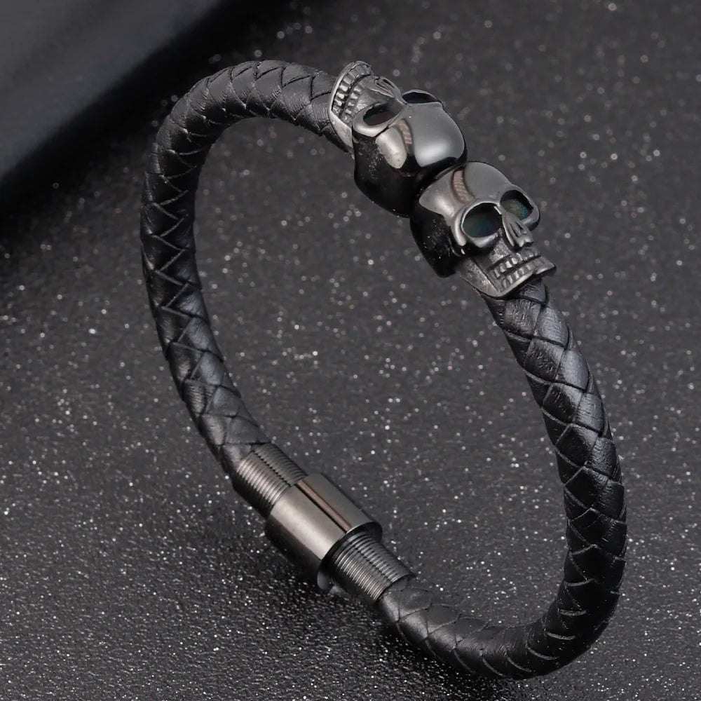 Übertreibung Männer Schmuck Schwarz Geflochtene Leder Armbänder Edelstahl Leder Armbänder Coole Schädel Armbänder Männer Armband
