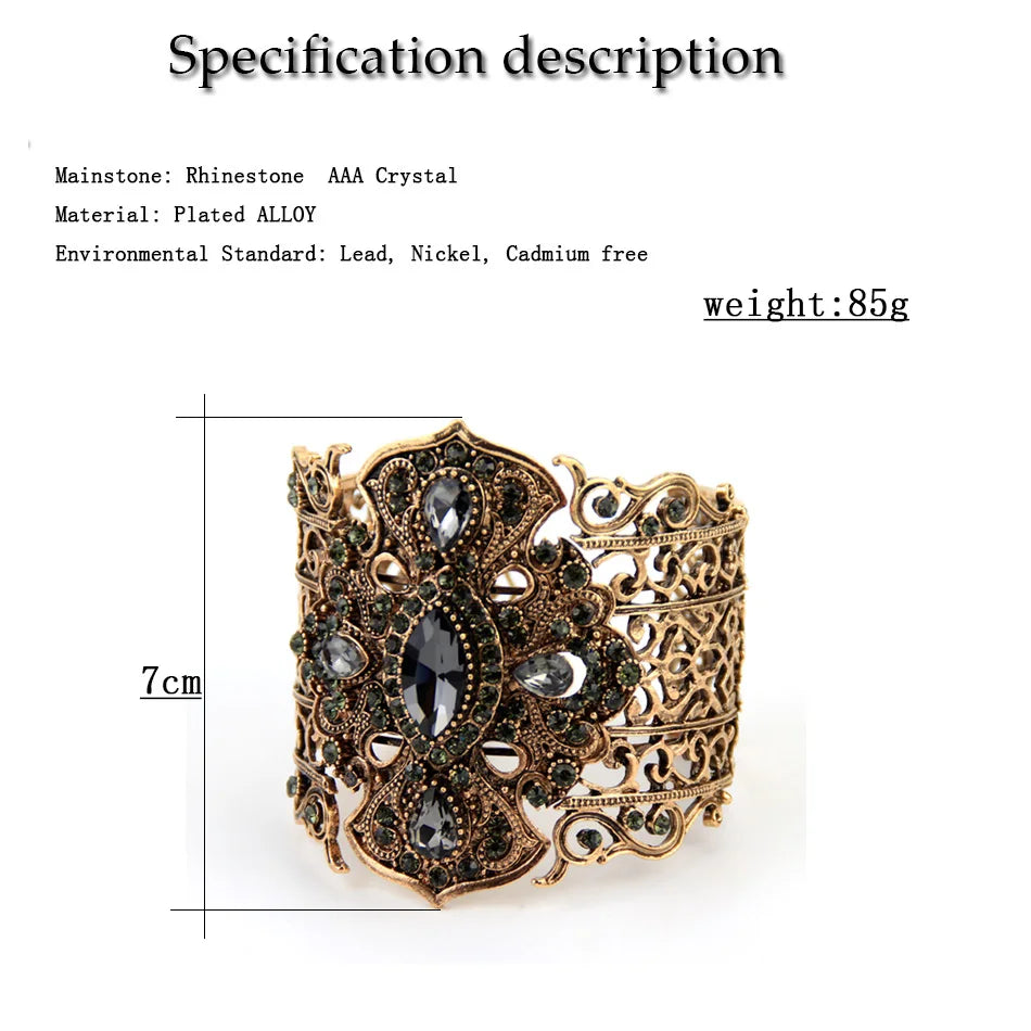 Sunspicems Vintage Türkei Armreif Große Frauen Manschette Armband Retro Gold Farbe Grau Kristall Böhmen Hochzeit Schmuck Geschenk
