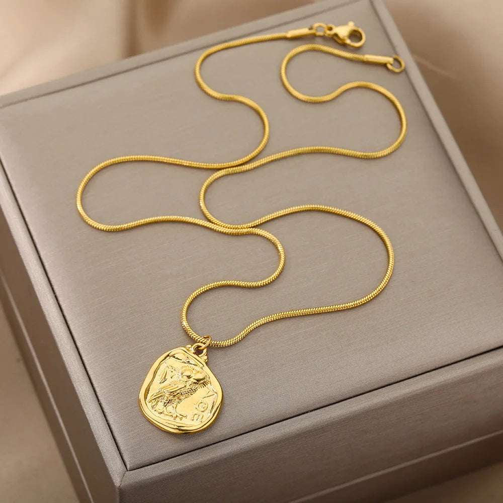 Vintage Eule Münze Halsketten für Frauen Männer Eule Anhänger Halskette Kragen Böhmen geschnitzt Freiheit Brief Schmuck Geschenk Bijoux Femme
