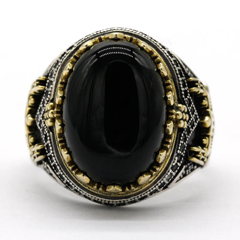 Schwarz Natürliche Achat Stein Ring 925 Silber herren Ring Schloss Türkische Konstantinopel Auspicious Vintage Signet Ring Track Hochzeit