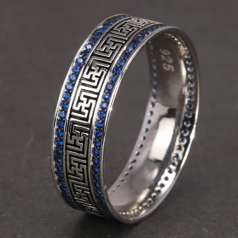 Türkische Ringe aus echtem Sterlingsilber 925, für Männer und Frauen mit blauem, rundem Zirkon, Retro-Punk-Ringe, modischer Silberschmuck