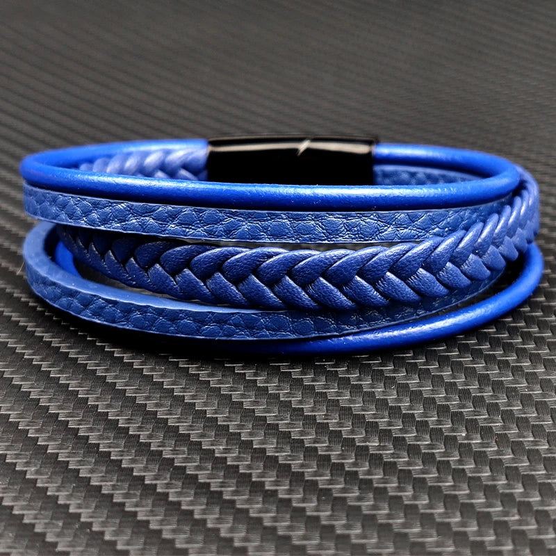 MingAo Neue Titan Stahl Blau Punk Geflochtene Leder Armband Für Männer Schwarz Magnet Verschluss Armreif Die Beste Geschenk für Vintage schmuck