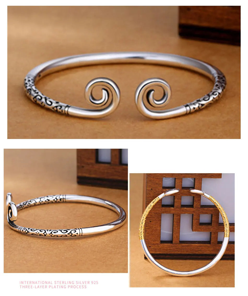 Zdadan Sterling Silber Vintage offene Manschette Armband Armreif für Frauen Männer Modeschmuck