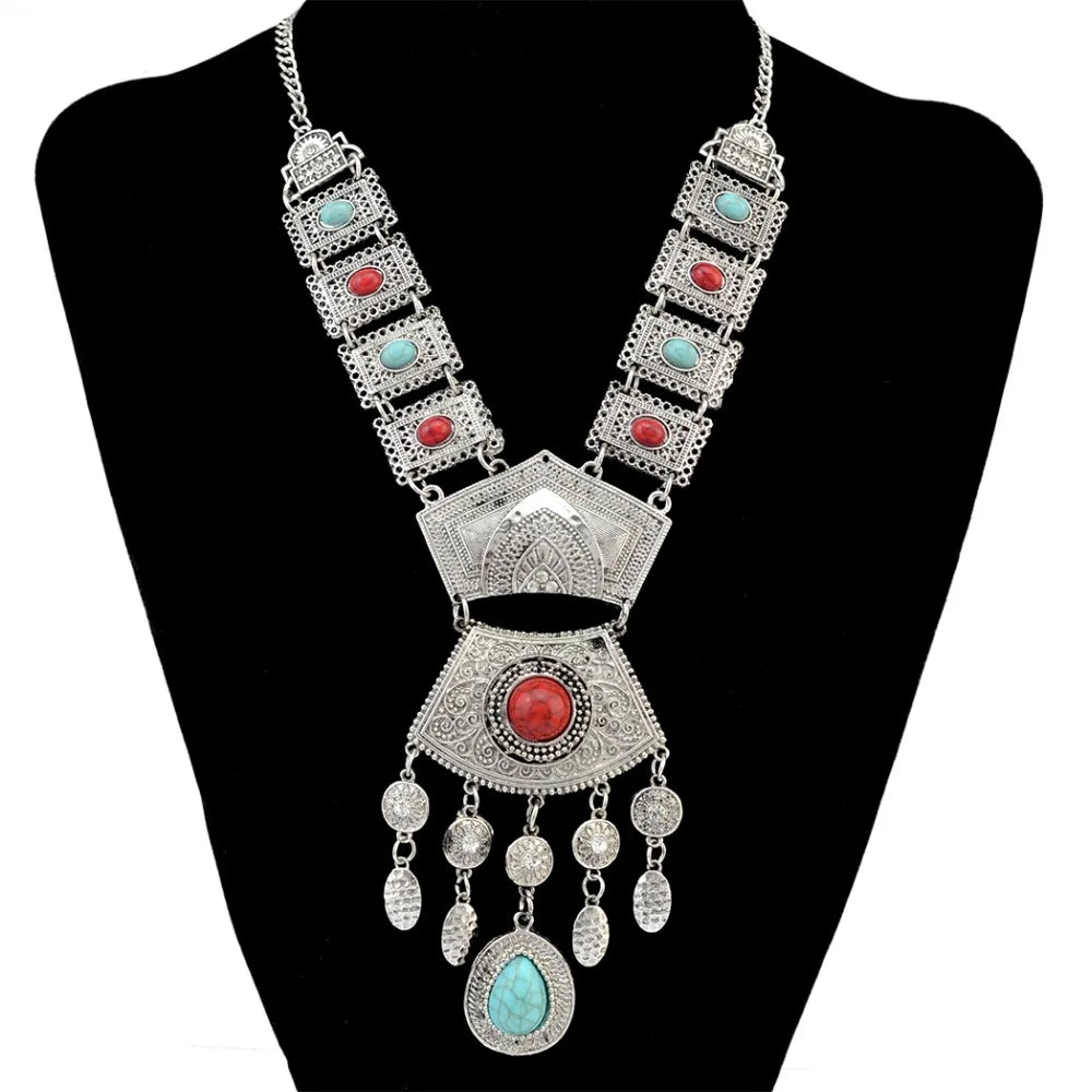 Afghanische Vintage Silber Farbe Legierung Halsketten Perlen Geometrische Form Münze Quaste Anhänger Klobige Halsketten für Boho Gypsy Türkisch