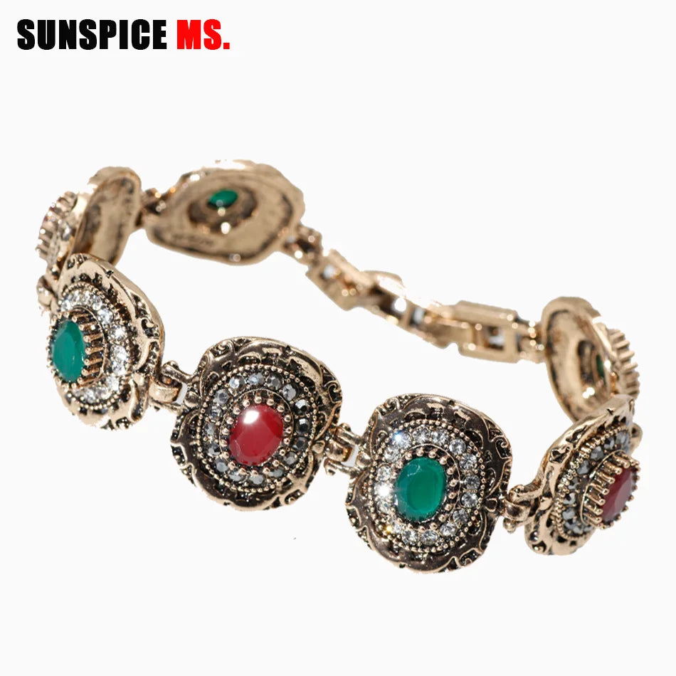 Sunspicems Vintage Kristall Link Armband für Frauen Antike Gold Farbe Runde Harz Böhmen Ethnische Hochzeit Schmuck Freund Geschenk