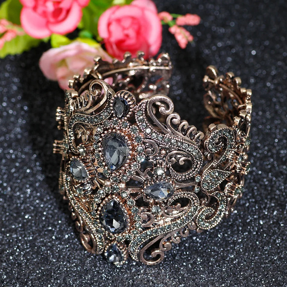 Sunspicems Retro Vintage Indische Breite Blume Armreif Manschette Frauen Antik Gold Farbe Frühling Armreifen Armband Türkische Hochzeit Bijoux
