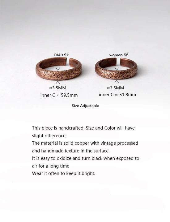 Handmade solid copper ring with texture, vintage style, rustic, distressed, adjustable size, anniversary, retro punk street, for men and women