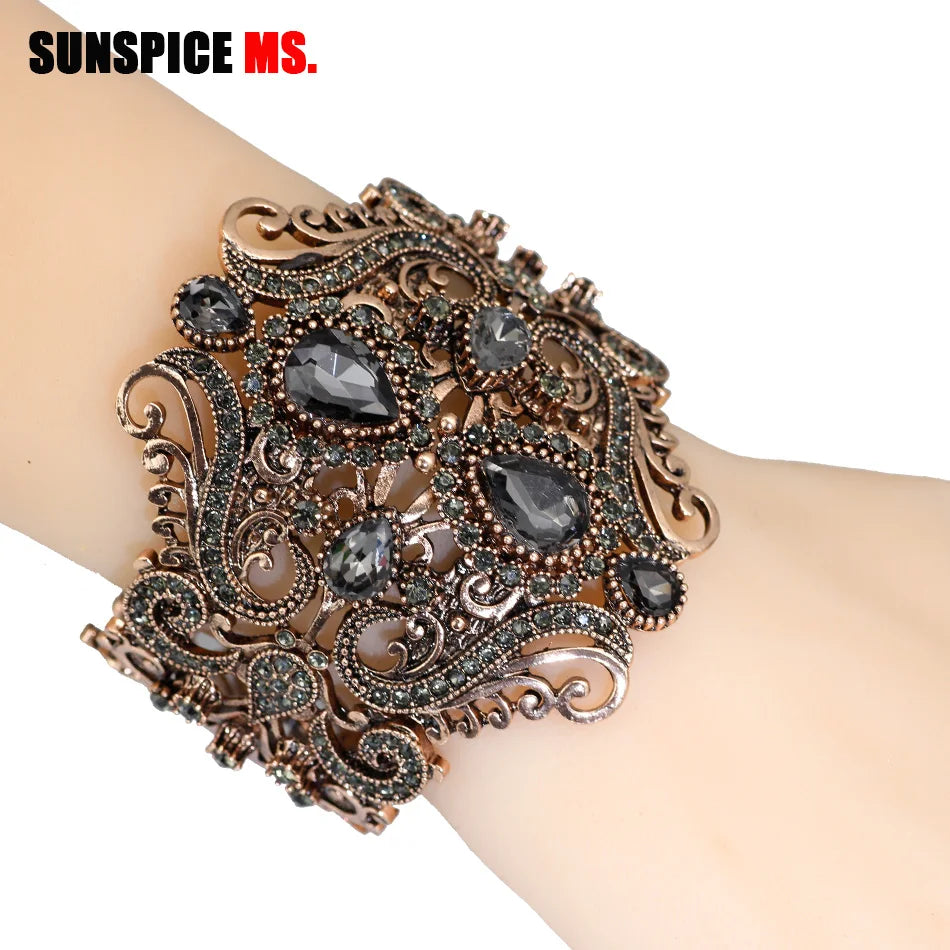 Sunspicems Retro Vintage Indische Breite Blume Armreif Manschette Frauen Antik Gold Farbe Frühling Armreifen Armband Türkische Hochzeit Bijoux