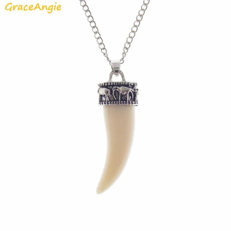 GraceAngie 1pc Tibetischen Silber Farbe Legierung Kappe Imitiert Elfenbein Anhänger Halskette Lange Link Kette Ethnische Boho Schmuck Zubehör