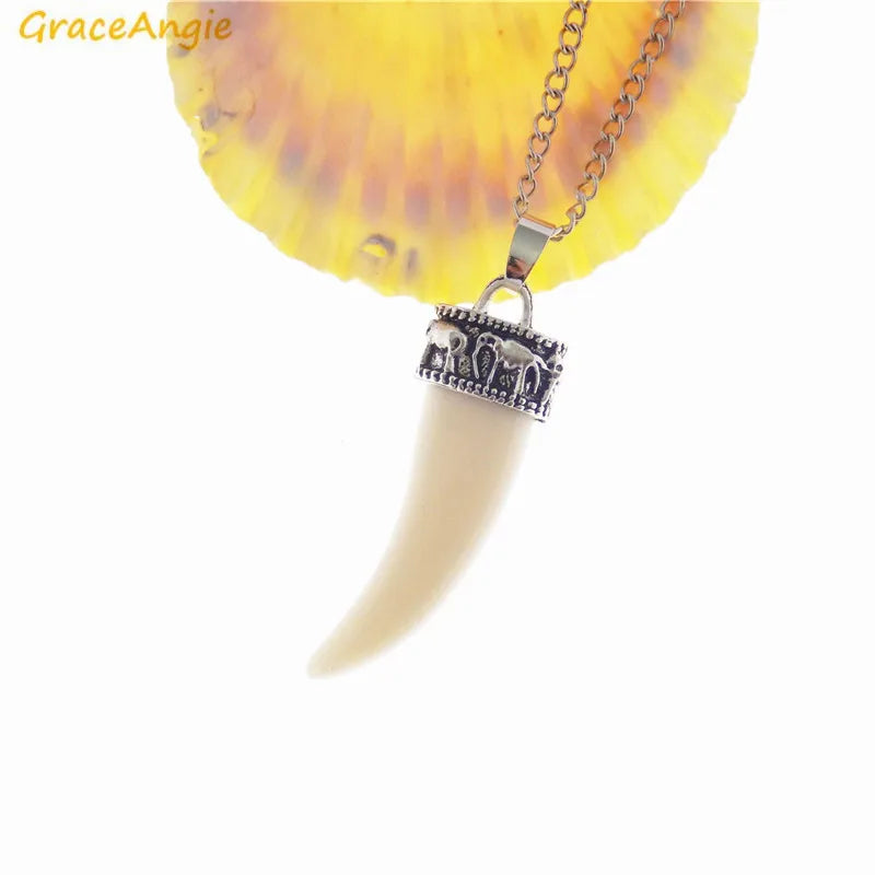 GraceAngie 1pc Tibetischen Silber Farbe Legierung Kappe Imitiert Elfenbein Anhänger Halskette Lange Link Kette Ethnische Boho Schmuck Zubehör