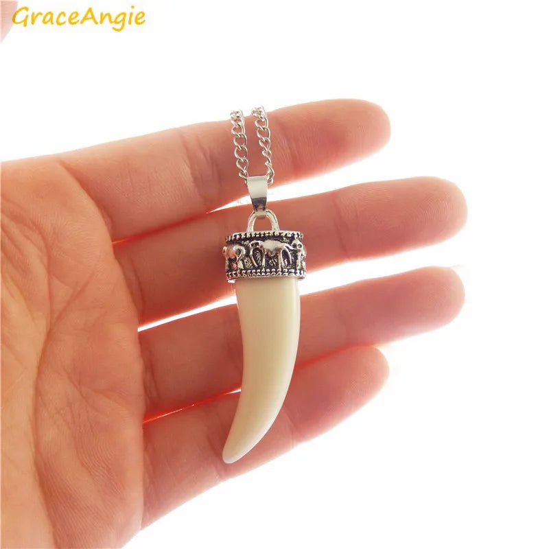 GraceAngie 1pc Tibetischen Silber Farbe Legierung Kappe Imitiert Elfenbein Anhänger Halskette Lange Link Kette Ethnische Boho Schmuck Zubehör