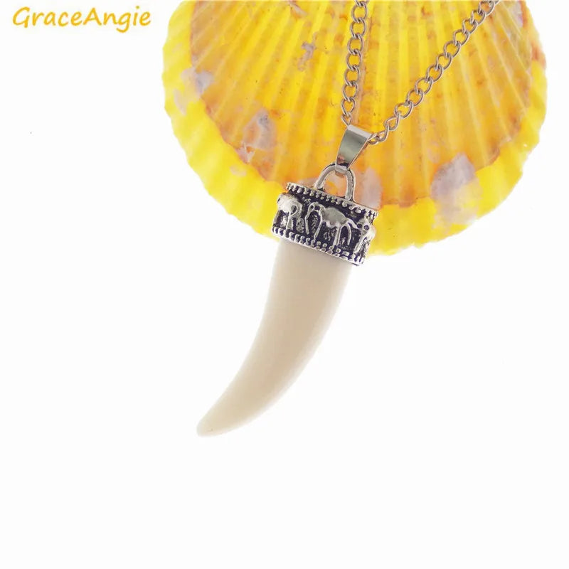 GraceAngie 1pc Tibetischen Silber Farbe Legierung Kappe Imitiert Elfenbein Anhänger Halskette Lange Link Kette Ethnische Boho Schmuck Zubehör