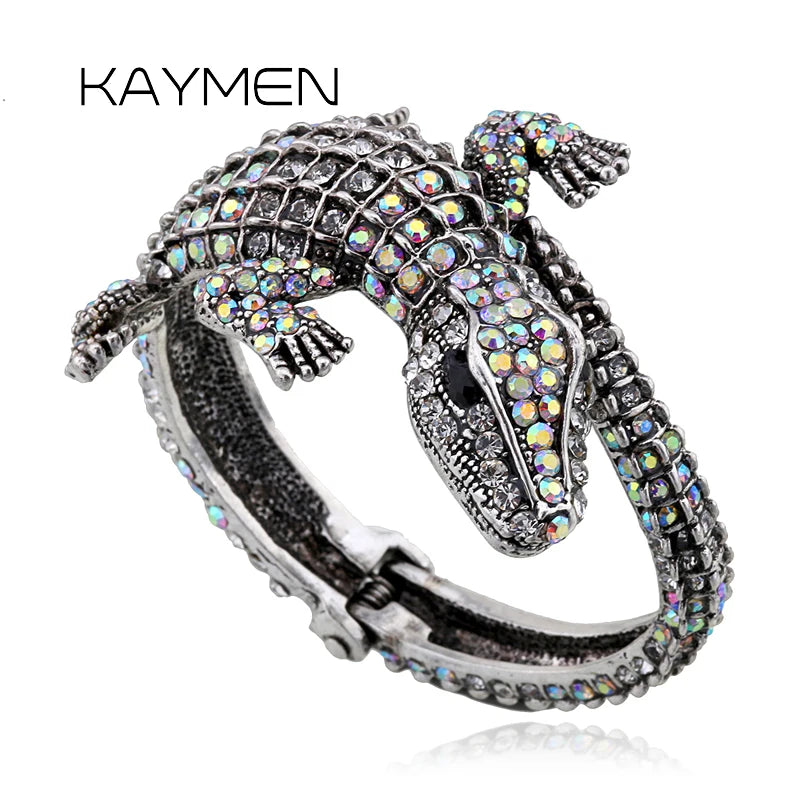 Neue Mode Tier Stil Vintage Krokodil Armreif Antike Goldene Überzogene Volle Strass Manschette Armreif Schmuck 4 Farben