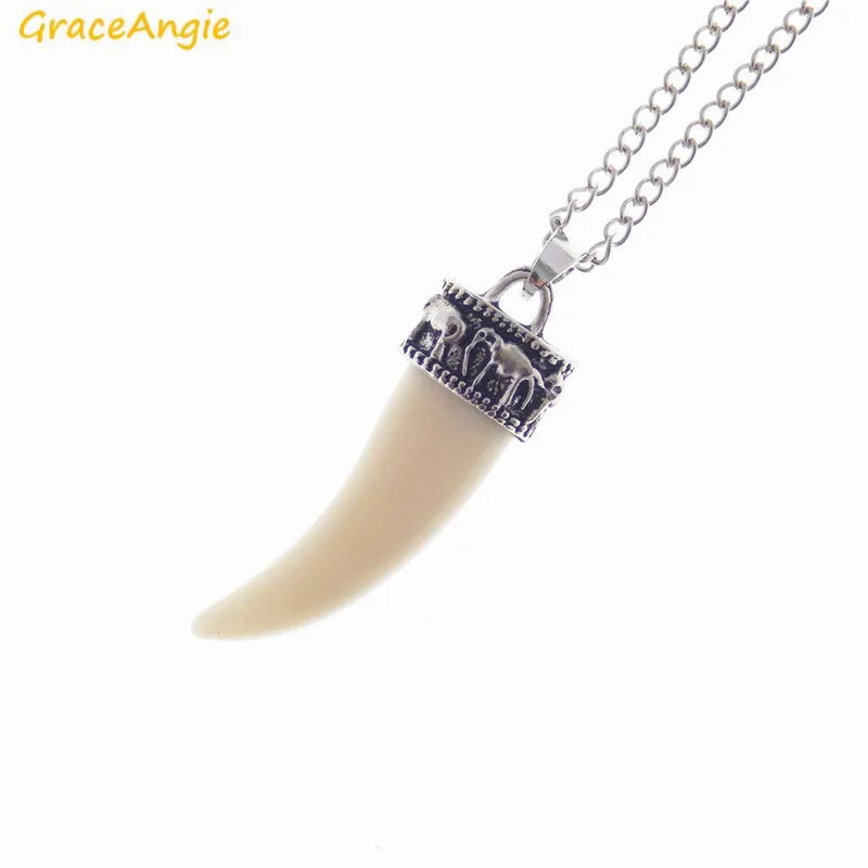 GraceAngie 1pc Tibetischen Silber Farbe Legierung Kappe Imitiert Elfenbein Anhänger Halskette Lange Link Kette Ethnische Boho Schmuck Zubehör
