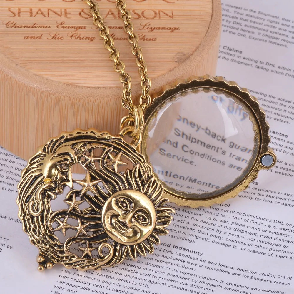 Lupe Glas Anhänger Sonne mit Mond und Sterne Halskette Antike Gold Farbe Schmuck Öffnet und Schließt