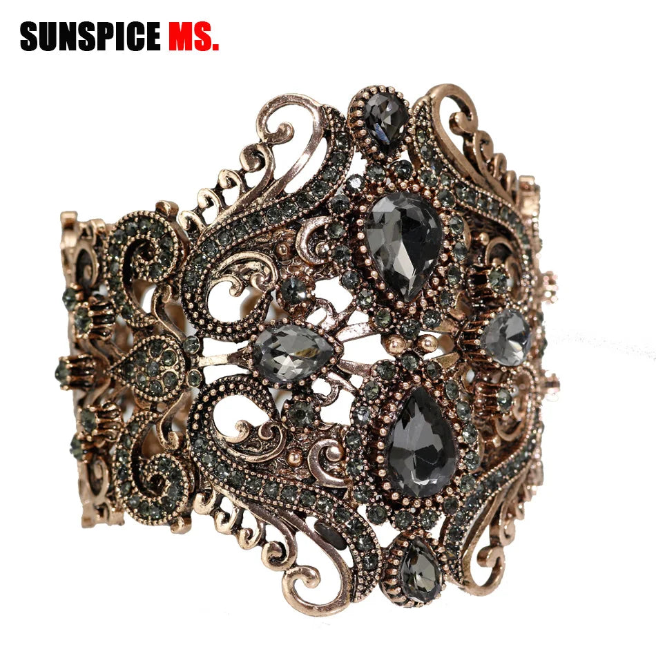 Sunspicems Retro Vintage Indische Breite Blume Armreif Manschette Frauen Antik Gold Farbe Frühling Armreifen Armband Türkische Hochzeit Bijoux