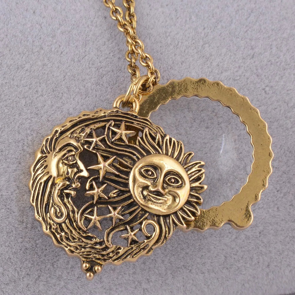 Lupe Glas Anhänger Sonne mit Mond und Sterne Halskette Antike Gold Farbe Schmuck Öffnet und Schließt