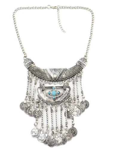Afghanische Vintage Silber Farbe Legierung Halsketten Perlen Geometrische Form Münze Quaste Anhänger Klobige Halsketten für Boho Gypsy Türkisch